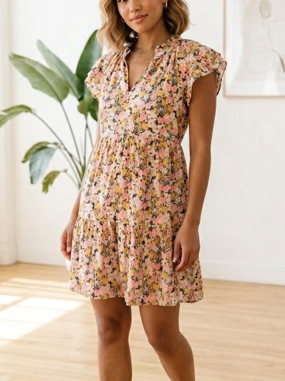 THML Short Flutter Sleeve Tiered Dress Pockets Lined Floral Size Small